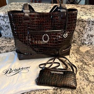 Brighton Brown Croco Large Bag with Matching Smaller Mini Purse/Wallet
